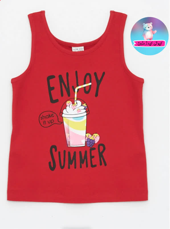 تاپ قرمز دخترانه ترک اورجینال برند السی وایکیکی مدل enjoy summer و کد ۳۲۴۴- جنس نرم و لطیف و کیفیت بینظیر -شاد و عالی-سایز بندی 5 تا 14سال