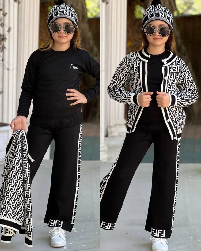 ست ۴تکه fendi . بافت دخترانه سفید مشکی ترک. مناسب دختران خوشتیپ 3 تا 12 سال و کد ۱۱۲۲