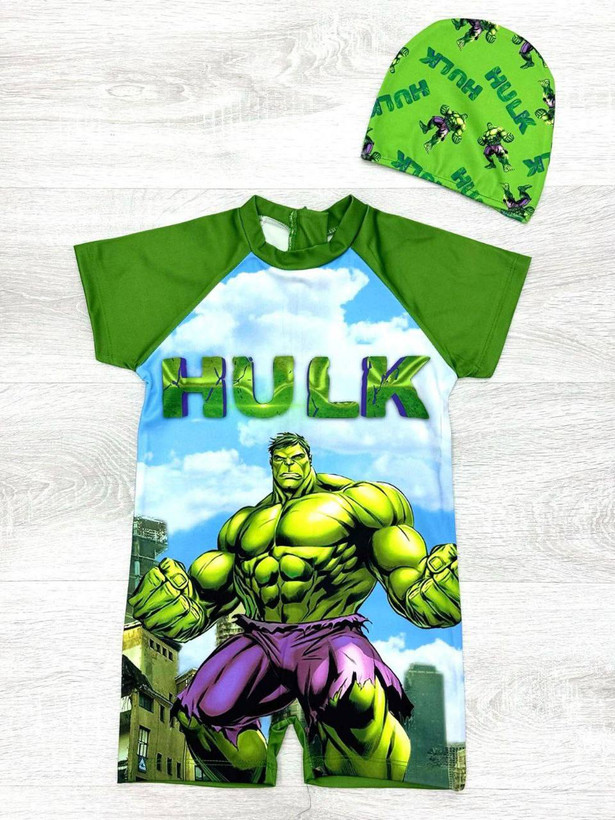 مایو پادار پسرانه ترک با کلاه طرحhulk از 2 تا 8سال