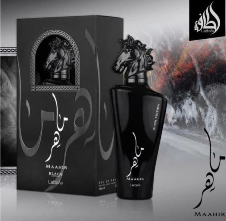 ادوپرفیوم مردانه ماهر بلک لطافه (Maahir Black Lattafa یک ادکلن مردانه با رایحه ای گرم و تلخ مناسب فصل های سرد و حجم ۱۰۰ میل و ماندگاری و پخش بوی بسیار بالا