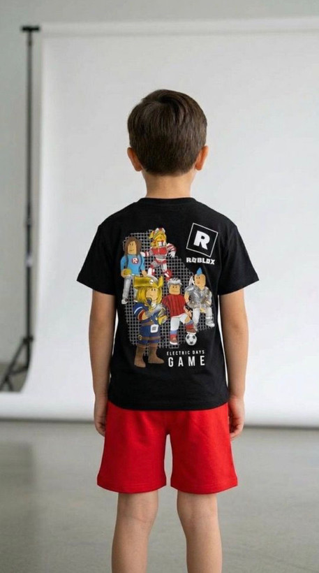 تیشرت و شلوارک ROBLOX وارداتی-نرم و لطیف و کیفیت عالی-تیشرت مشکی و شلوارک قرمز🔥سایزبندی۳تا۱۰سال