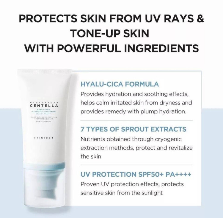 ضد آفتاب centella - اور جینال ۵۰میل مدل skin 1004 spf50-Hylu-cica water -fit-بی رنگ-محافظ UVB و UVA-مناسب برای انواع پوست