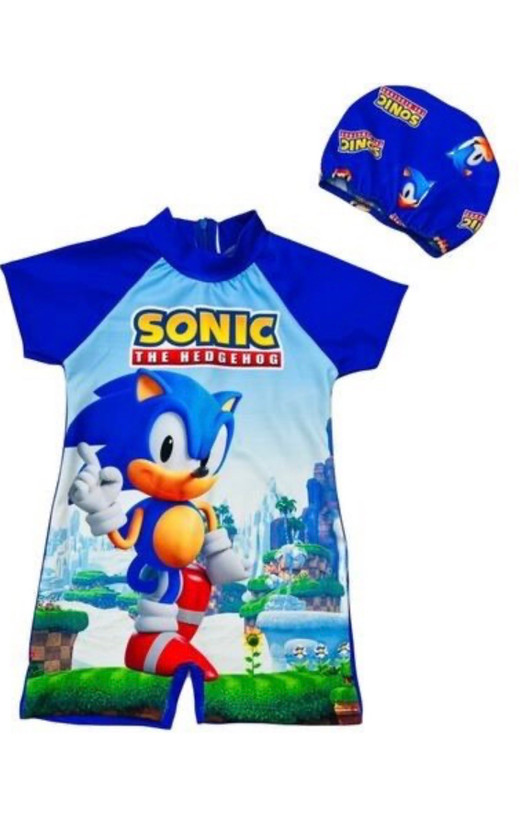 مایو یکسره با کلاه ترک با رنگ شاد و جذاب و طرح sonic از 2 تا 8 سال