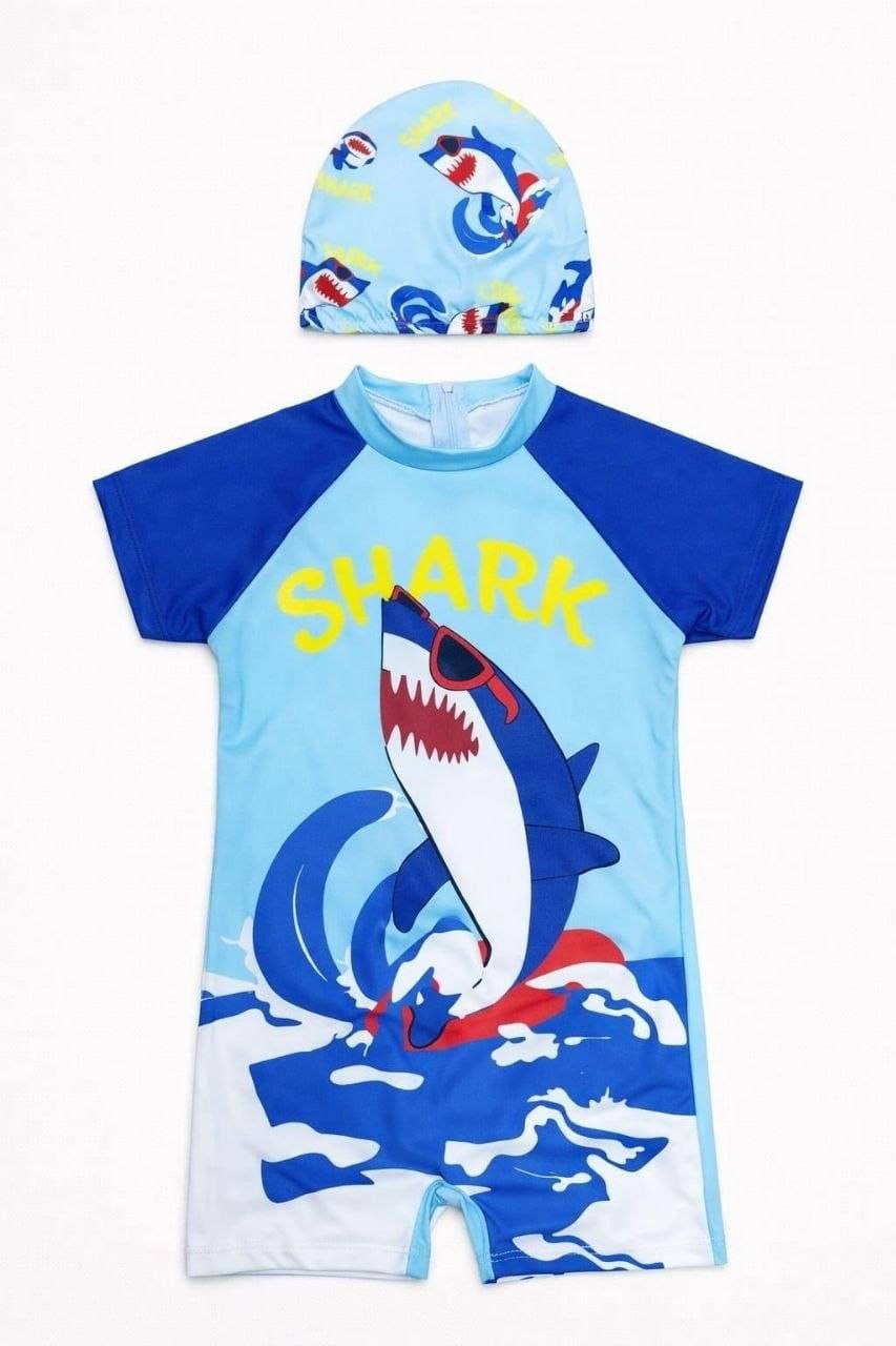 شارژ مجددمایو یکسره با کلاه  ترک  با رنگ شاد و جذاب و شیک از 2 تا 8 سال طرح shark
