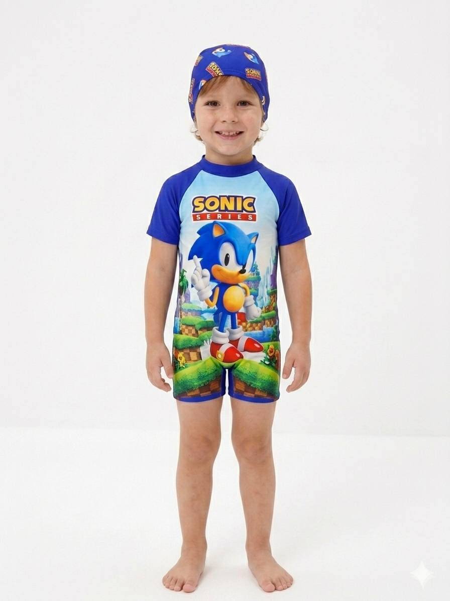 مایو یکسره با کلاه  ترک  با رنگ شاد و جذاب و طرح sonic از 2 تا 8 سال