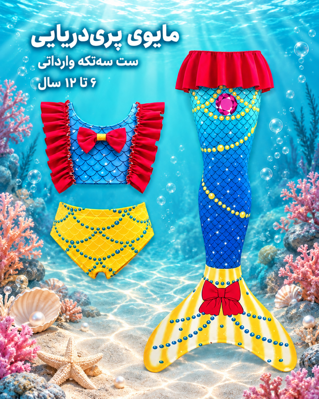 مایو سه تکه پری دریایی وارداتی-ارسال فوری-سایزبندی۵تا۱۲سال-باله از پایین باز می باشد🍃